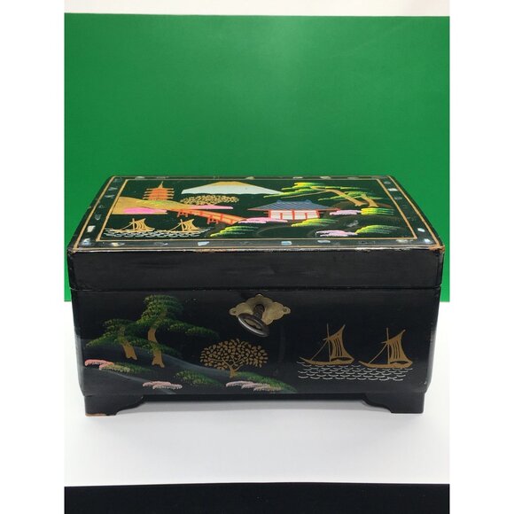 Vintage Japanese Lacquered Music Jewelry Box with Key Black 1950s - Sound Works - Picture 1 of 16